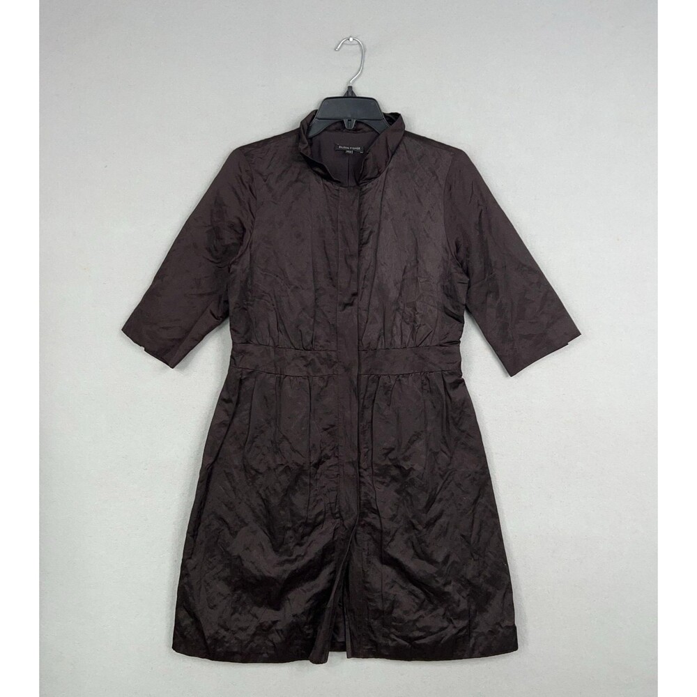 Eileen Fisher Coat Womens XS Steel Satin Metallic Jacket Crinkled Trench Luxury
